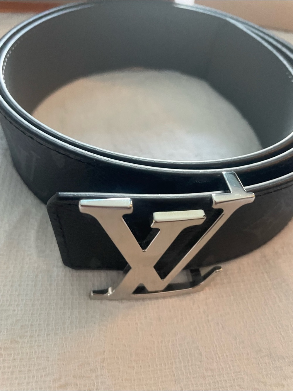 Louis Vuitton Black Leather Belt with Silver LV Buckle